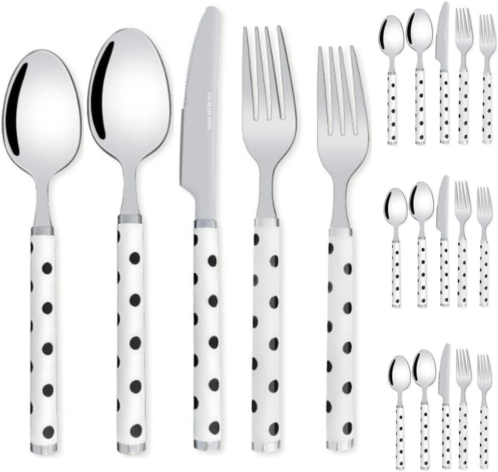 ABS Thickened Spotted Handle Kitchen Stainless Steel Silverware Tableware Flatware Cutlery Set Steak Knife Fork Spoon Teaspoon (White,20 pieces)