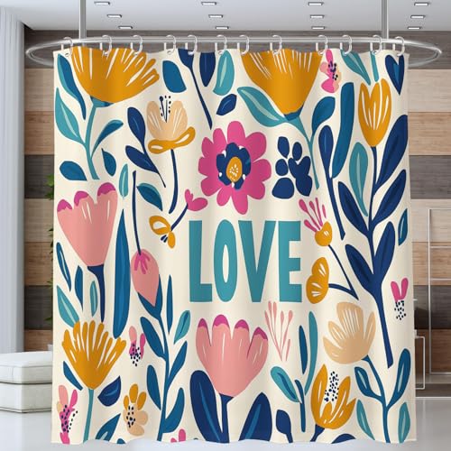 Rideau salle de bain 180x200 cm imperméable en polyester crème avec motifs tulipes et coquelicots