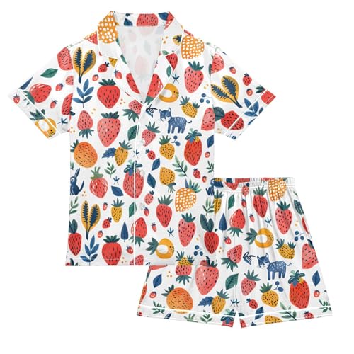 ALAZA Cat Rabbit Strawberry Satin Pajamas Set Short Sleeve Button Down Sleepwear Summer Pjs 2 Piece
