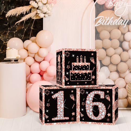 Image of Eiurteao 3pcs 16th Birthday Decorations Boxes for Girls, Rose Gold Happy 16 Birthday Balloons Boxes Party Supplies, Sweet 16 Bday Theme Cardboard Box Decor