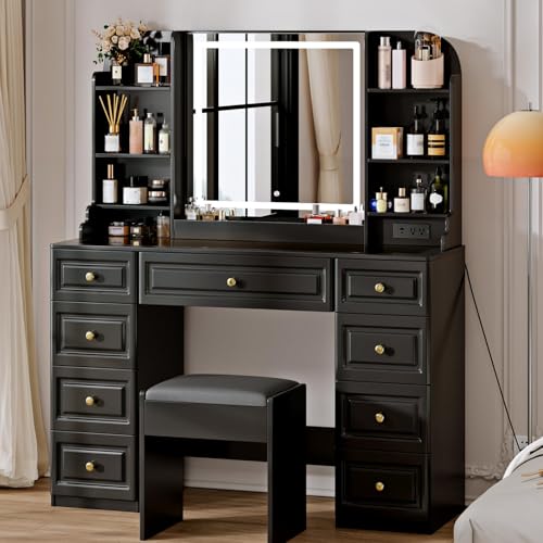 Arulvmrn 43" Makeup Vanity Desk with Mirror and Lights, & Power Outl, Glass Top Big Vanity Table with 9 Drawers& 8 Storage Shelves, Dressing Table Set with Chair for Bedroom, Black