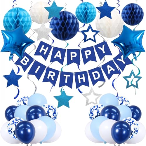 Blue Happy Birthday Decorations Set for Boys 46Pcs Blue Birthday Banner and Balloon for Boys Men with Honeycomb Balls Foil Star Balloons Hanging Swirls & Matching Balloons