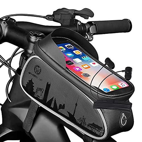 Fahrrad Rahmentasche, Lenkertasche Wasserdicht Handytasche mit TPU Sensitivem Touchscreen, Fahrradtasche mit Kopfhörerloch für Smartphone unter 6,5 Zoll Cover