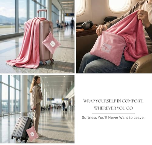 Image of VAS COLLECTIONS Travel Pillow Blanket 2-in-1, Ultra Soft Flannel Blanket with Carry Case, 65x40 Inches, Compact Portable Travel Blanket for Flights, Camping and Travel Comfort (Pink)