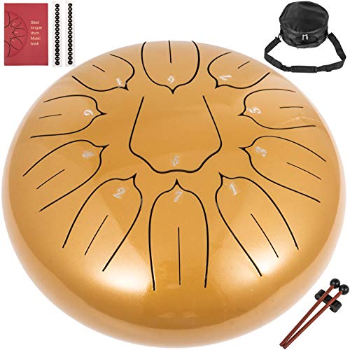 Anhon Tambor de Lengua de Acero 11 Notas, Handpan de 25 cm, Tambor de Acero Colgante Dorado, Instrumentos de Percusión de Tambores de Acero con Bolsa, Libro, Mazas y Soporte de Mazo Cover