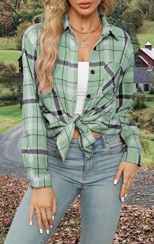 Asiertiy Womens Buffalo Plaid Flannel Shirt Long Sleeve Collar Button Down Blouses Lightweight Tops (S-2XL)2
