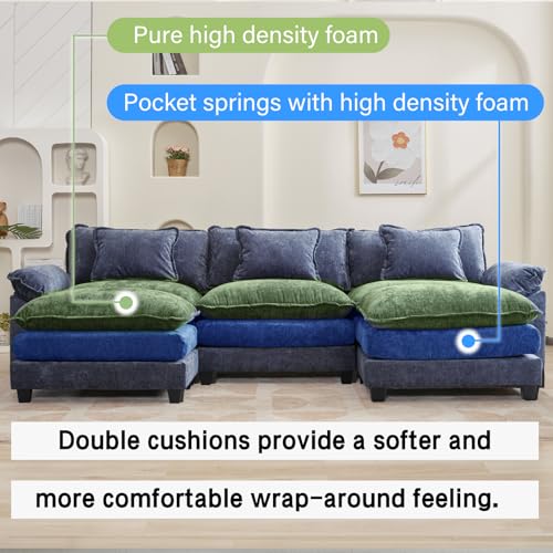 Image of Oprisen 120 inch Modular Sectional Sofa, Comfy Cloud Couch Sectional Sofa with Ottoman, Chenille Sofa Sleeper Deep Seat Sofa with Throw Pillows for Living Room (Blue, 120 inch- U Shape)