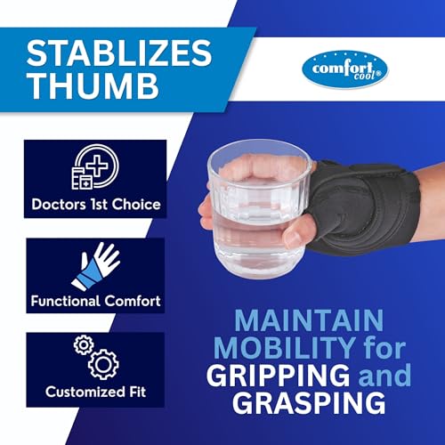Image of Comfort Cool CMC Thumb Brace - Restriction Splint for Arthritis & Tendinitis Relief | Breathable Neoprene with Supportive Thumb Strap - Black, Right Hand, Medium Plus (7.25 to 8.25 inches) | NC79559
