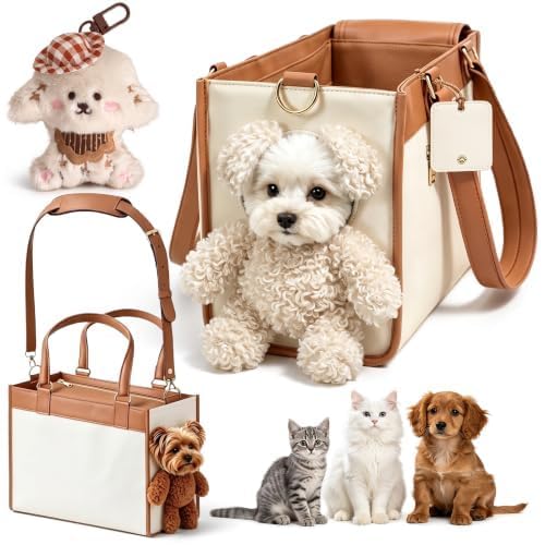 Teddy Bear Dog Carrier Bag, Soft PU Pet Tote Bag for Small Dogs，White：S