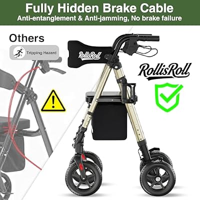 Walkers for Seniors Taller 5.3~7ft, Lightweight Foldable Rollator Walker, Built in Cable, Reinforced Aluminum Frame, 8 Big Rubber Wheels for All Terrain, 350lb Weight Capacity, Golden