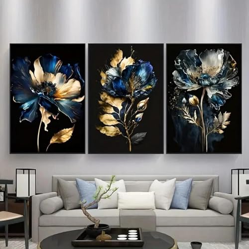 Toile abstraite fleurs noires et bleues pour habiller un grand mur de salon