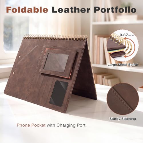 Image of Clipboard with Storage for Men Women, Leather Padfolio Portfolio Organizer 5 Folders with 10 Pockets, Spiral Clipboard Folio with Notepad for Letter Size, Elastic Closure and Pen Loop Brown