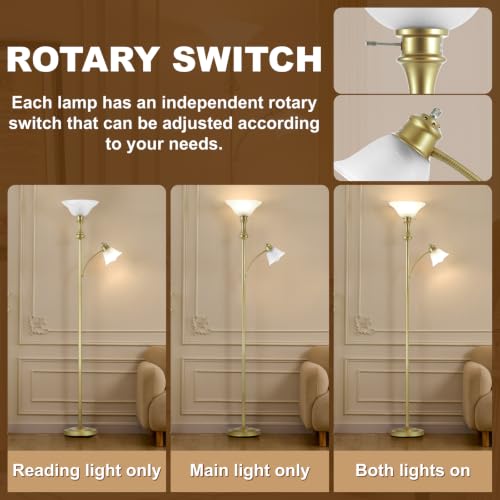 Image of Torchiere Glod Floor Lamp with Adjustable Angle Reading Lamp-71IN