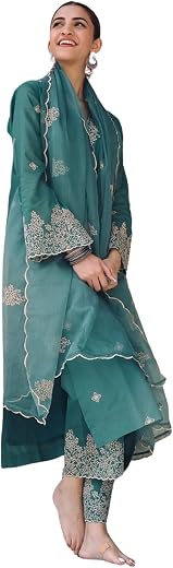 Royal Export Women's Viscose Silk Floral Embroidered Straight Kurta Pant with Dupatta