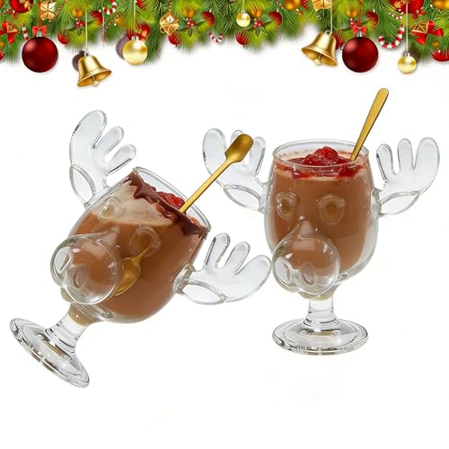 Moose Glasses Christmas Cups Set of 2 Christmas Glass, Christmas Glasses Elk Glasses Christmas Mug, Vacation, Christmas Egg Liqueur Jars, Elk Cups, Transparent Christmas Gift (2)