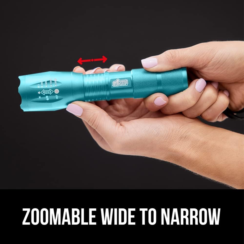 Gorilla Grip Water Resistant Powerful LED Tactical Flashlight 2 Pack, 750 FT Adjustable Mode Flashlights, Ultra Bright Compact Lights for Emergencies, Camping in Turquoise and Teal Blue, 2 Item Bundle