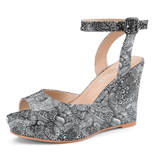 Image of Women's Dressy Platform Wedge Sandals Gold Wedges Peep Toe Patent High Heels Slingback Heeled Comfortable Ankle Strap Shoes