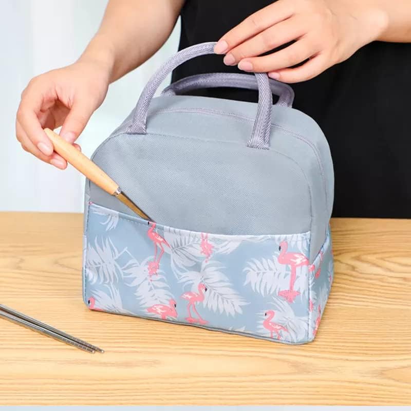 Image of Insulated Lunch Bag for Office, School, Men, Women, Hot & Cold Lunch Box, Tiffin Pouch (Grey Flamingo Lunch Bag (Half Print))