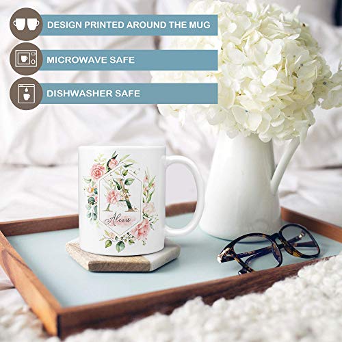 Taza de cerámica personalizada con monograma floral 11 oz miniatura 2