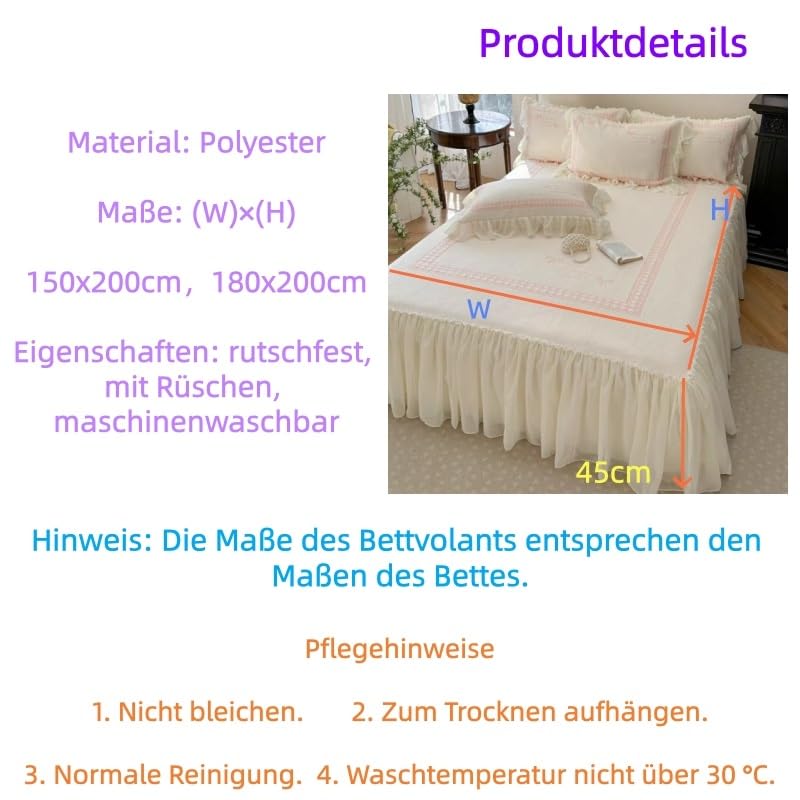 Bestickt Bed Skirt Betthusse Bettrock mit Rüschen Polyester 45cm Hohes Bett 150x200cm