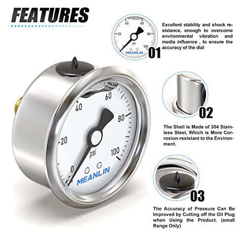 Image of MEANLIN MEASURE 0~100Psi Stainless Steel 1 /4 inch NPT 2.5 inch Single Scale FACE DIAL,Glycerin Filled Pressure Gauge, WOG Water Oil Air Back Mount, with 1 /2 inch NPT and 3 /8 inch NPT Hex Bushing