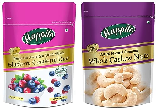 Image of Happilo 100% Natural Premium Whole Cashews, 200g + Happilo Premium Dried Whole Blueberry Cranberry Duet, 200g