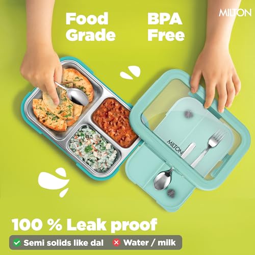 Image of Milton Ethan 3 Inner Stainless Steel Tiffin Box for School, 3 Partition, Steam Release Plug | PU Insulated, Leak-Proof, Food Grade I Lunch Box for Kids Boys, Girls with Snap Lock Lid,600 ml,Aqua Green