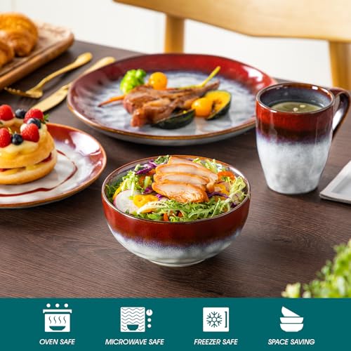 Image of vancasso Starry 16 Pieces Dinnerware Set for 4, Handmade Reactive Glaze Stoneware Plates and Bowls Set, Dishes Set with Mugs for 4, Microwave & Dishwasher Safe, Red