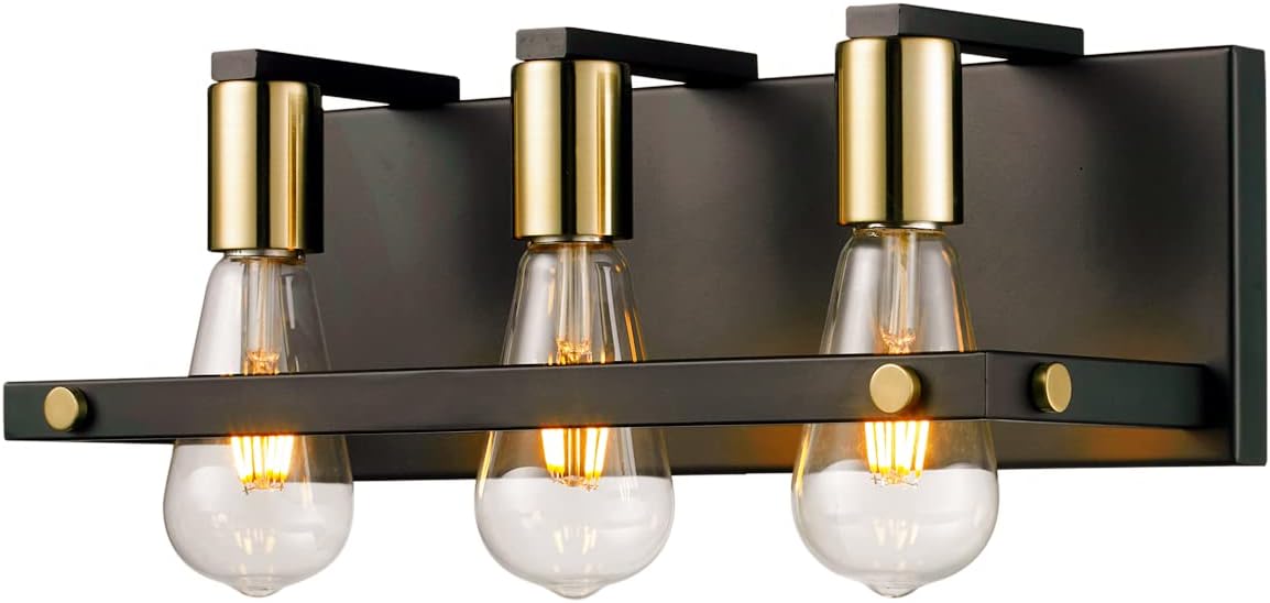 Hamilyeah 3 Light Bathroom Vanity Light Fixture, Black and Gold Wall Lighting Over Mirror, Industrial Vintage Vanity Lights for Powder Room, Kitchen, Basement, Fireplace, UL Listed