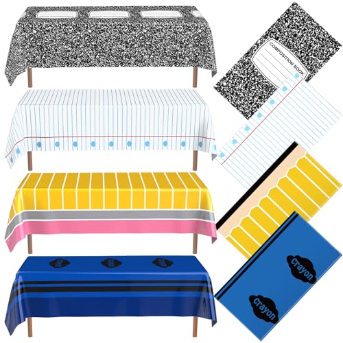 Frienda 4 Pcs Back to School Party Tablecloths 54 x 108 Inch Large Disposable Rectangular Notebook Eraser Pencil Crayon Tablecloth for Kindergarten School Party Supplies Table Decoration
