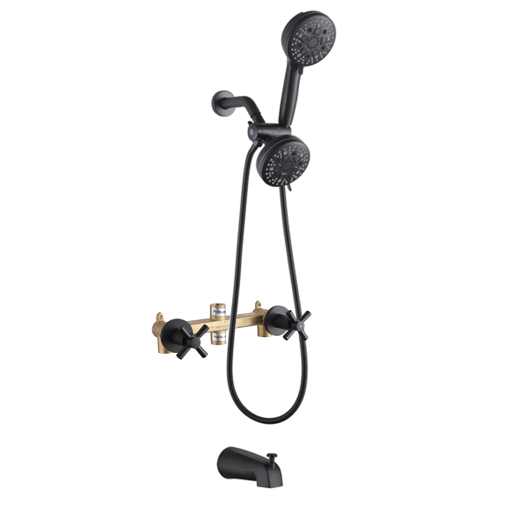 CISTPOFS matte black tub and shower faucet set with dual shower heads and tub spout