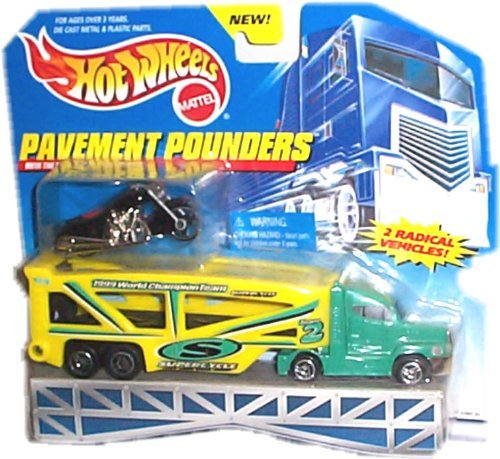 Hot WheelsPavement Pounders Transport Rig (Tractor/Trailer) and Black Motorcycle Replicas