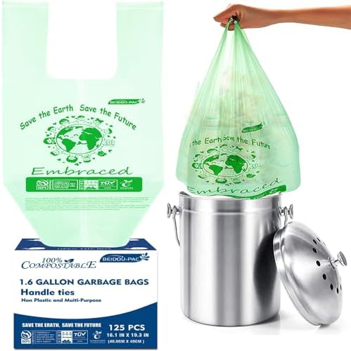 BEIDOU-PAC 1.6 Gallon Compostable Trash Bags with Handle, 125 Count Small Compost Bags, Biodegradable Kitchen Garbage Bags, Food Scrap Waste Bags for Countertop Bin, ASTM D6400, US BPI Certified