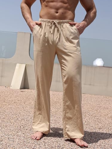 ALSOGO Men's Casual Linen Pants Elastic Drawstring Waist Summer Beach Yoga Long Trousers with Pockets2