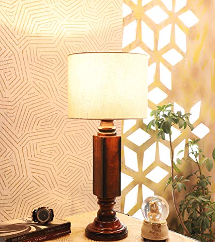 Image of tu casa Mango Wood Table Lamp with Satin Cobra Saffron Print Shade | Handmade Rustic Bedside Lamp for Bedroom, Living Room & Home Decor