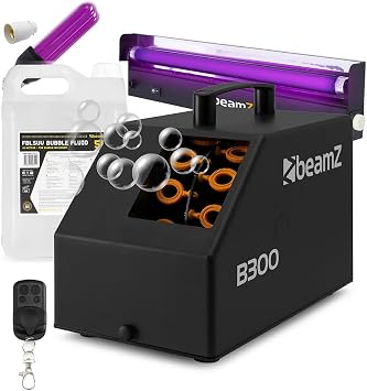 beamz B300 Bubble Machine Party Light Packages with UV Light Bar, Black Bulb & 5L Fluid - Bubble Blowing Machines for DJ, Halloween, Events and Kids Parties