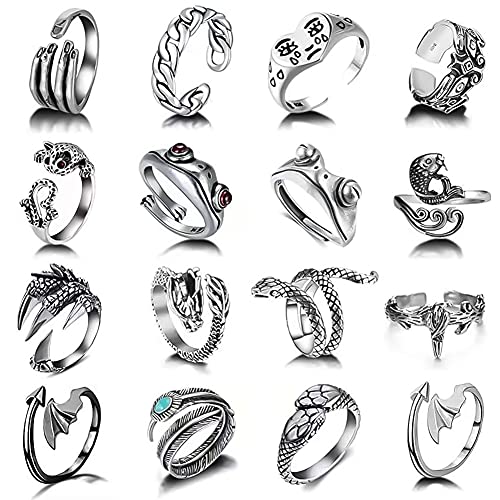 16 Stück Vintage Knöchelringe Set,Kucheed Niedliche Frosch-Schlange Cate Dragon Joint Stacking Fingerringe,Punk Bohemien Retro Tier verstellbarer offener Ringe, Modeschmuck Geschenk für Frauen Männer Cover