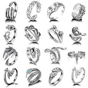 16 Stuks Wijnoogst Knokkelringen,Kucheed Leuke Kikker Slang Draak Huilend Gezicht Gezamenlijke Stapelen Vinger Ringen,Punk Boho Dier Verstelbare Ringen,Mode-sieraden Cadeau voor Vrouwen Mannen Meisjes