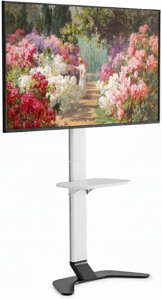 Ultra Slim Floor TV Stand for 37–86 Inch TVs, Modern Curved Base with Shelf, Adjustable Height & Tilt, Space-Saving Design with Cable Management, Fits VESA 600x400mm, White
