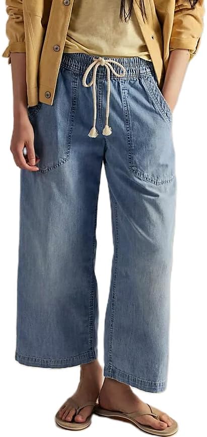 Mxiqqpltky Y2K Drawstring Jeans Women Casual Elastic Waist Stretch Baggy Cropped Denim Pants Vintage Boyfriend Wide Leg Jeans