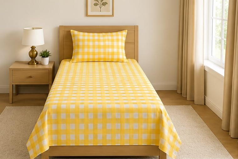 Image of Jashan 210 TC Premium Glace Cotton Comfort Elegent Design Bedsheet with Pillow Cover - Ultra Soft Cotton Single Bed Sheet for Daily Comfort - YellowCheck Elegent 60x90 Inche