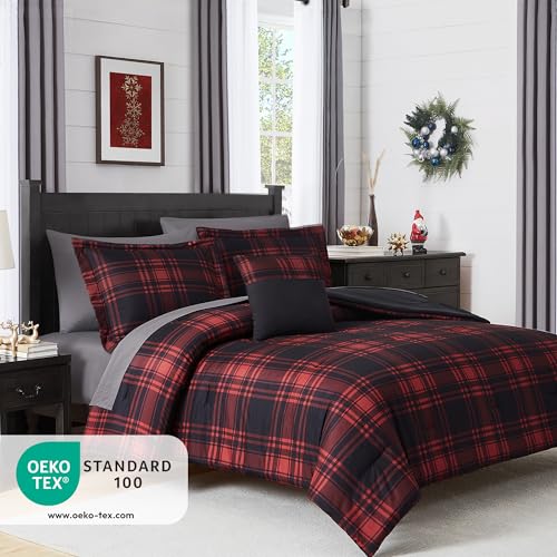 Image of MaiReve Queen Comforter Set, Classic Red Black Plaid Bedding Set 7 Pieces, Farmhouse Lightweight All Season Bed in a Bag with Sheets, Pillowcases & Shams