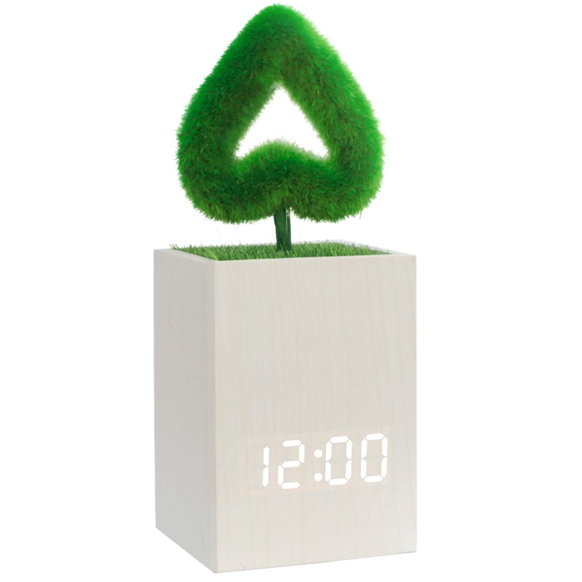 Digital Alarm Clock Wood LED Light Modern Cube Desk Alarm Clock with Artificial Green Plant Time Date Temperature Display for Home Office Travel