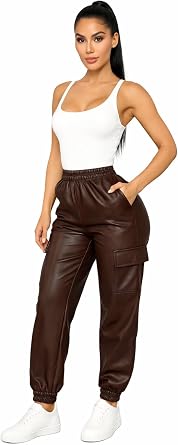 Womens Faux Leather Cargo Jogger Pants, High Waisted with Elastic Waistband and Side Pockets