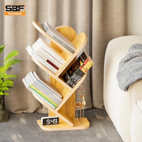 Image of SBF Furniure 5-Tier Modern Tree Bookshelf - Freestanding Black Bookcase for Home & Office | Space-Saving Vertical Display Shelf for Books, Decor & Plants (Yellow)