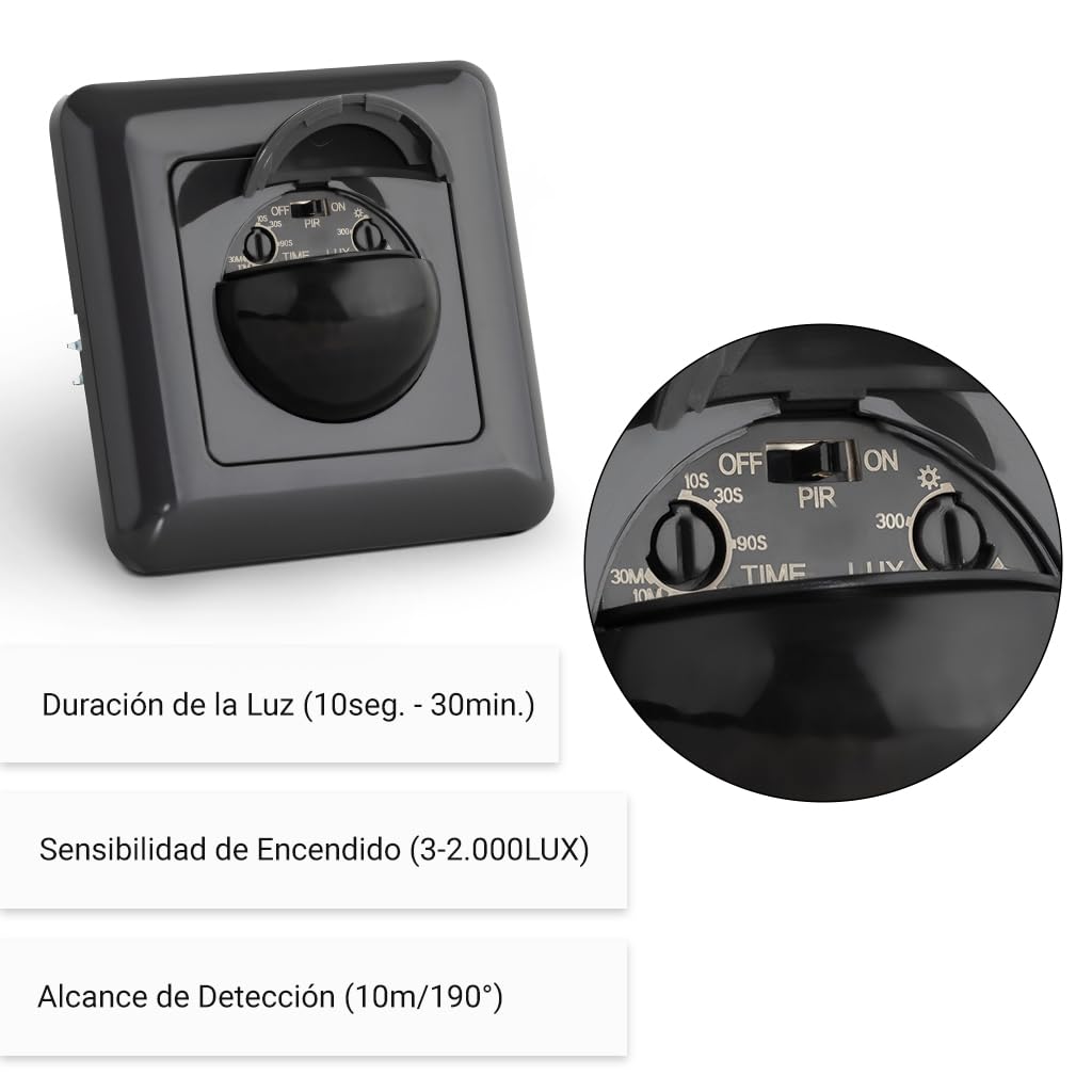 SEBSON Sensor de Movimiento Interior - Montaje Empotrado en Pared, LED Adecuado, Programable - Detector de Movimiento 10m/190°, Instalación 60x49x32mm