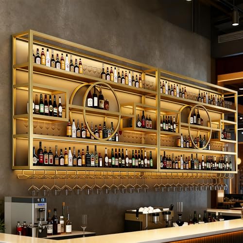 Image of 95in Wine Rack Wall Mounted, Large Capacity Hanging Wine Bottles Display Shelf with Glasses Holder, 4 Tier Industrial Bar Liquor Storage Shelves for Home Bar Kitchen,Living Room (Gold, 95in)