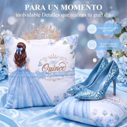 Sintuff Años De Quinceañera Pillow Set with Crystal Tiara Quinceañera Crown Kneeling Pillow Butterfly Decors for 15th Birthday Ceremony Gift Spanish Bible Sweet Mis XV Photo Props Polyester(Blue) - 5