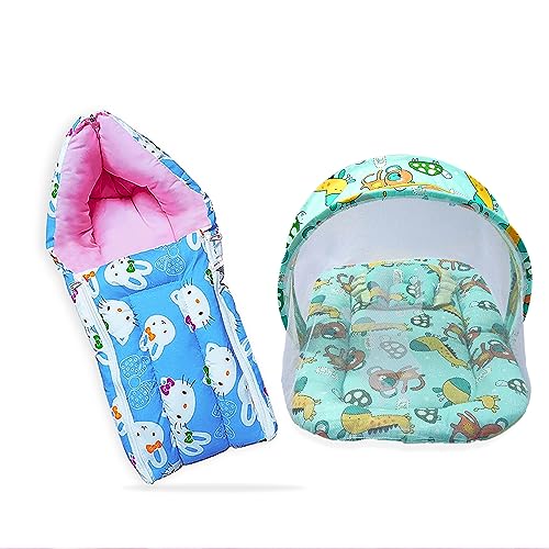 Image of MOM & Son Baby Bedding Set Mattress with Net & Baby Sleeping Bag (0-3 Months) (Sky Kitty & Green)