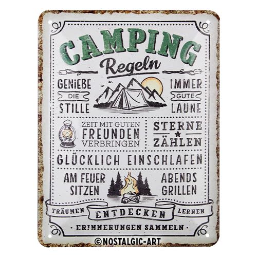 Nostalgic-Art Rules-Gift Idea for Camping Fans Made of metal, Vintage Design with Saying, 15 x 20 cm
